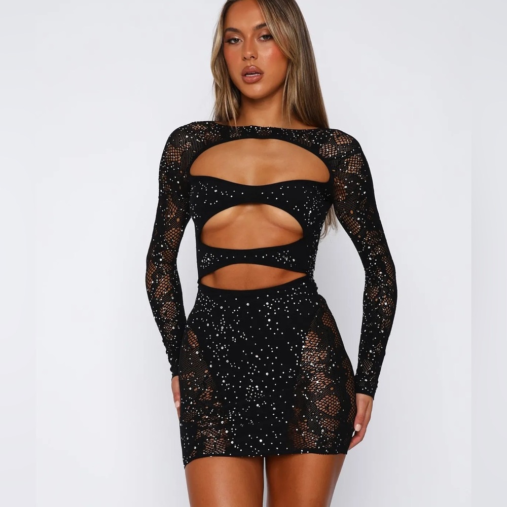 White fox black sparkly mini dress